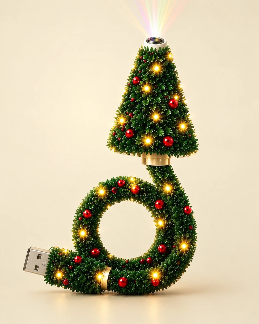 Arbolito Proyector Navideño Holly de frente, encendido
