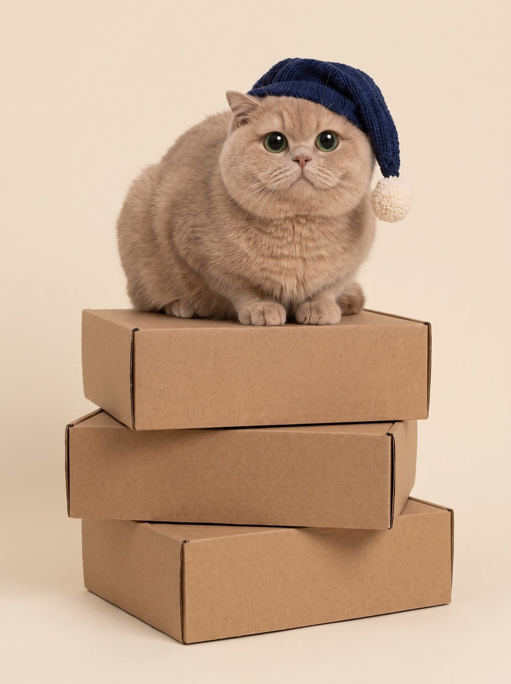 Toffee sentado sobre cajas de pedidos como un jefe