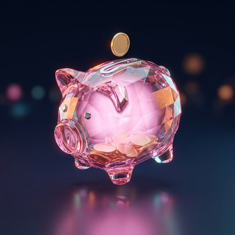 Marrano de cristal rosado de Toffee con monedas